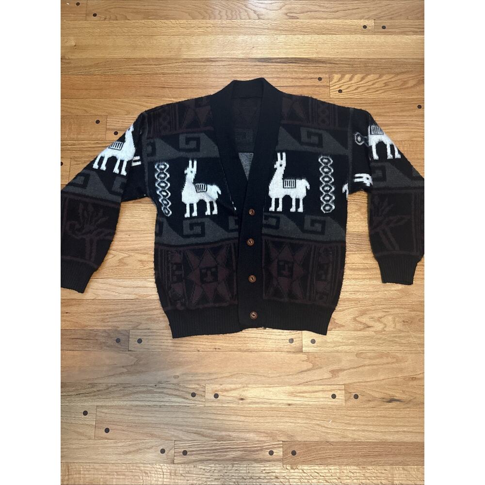 Rare VTG RUMINAHUI Alpaca Block Pattern Button Front Knit Cardigan Sweater 90s